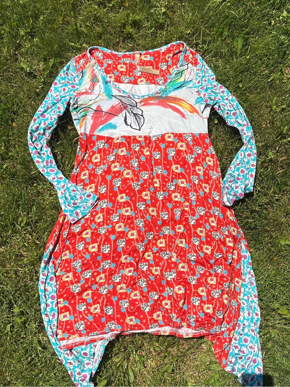 Uncle Frank Red Multi-Color Floral & Teal Sleeve Boho Dress